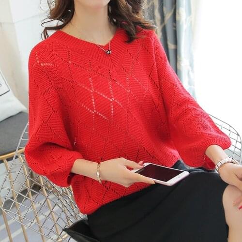 Womens Hollow Sweaters Spring Autumn Large Size Loose Bat Sleeve Sweater Lady Fashion V-neck Knitting Pullovers Femme Tops 1038
