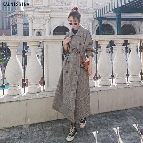 Women Long Trench Belted Waisted Double Breasted Classic Plaid Trench Coats Autumn Winter England Style Plus Size Windbreaker