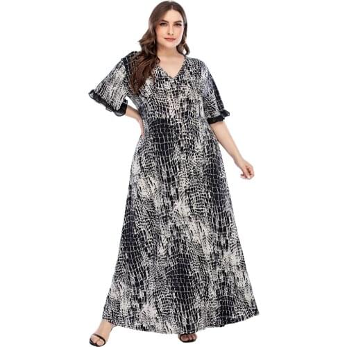 4XL 5XL Plus Size Dress Women Summer V Neck Short Sleeve Retro Printing Vintage Dress High Waist Maxi Long Dresses