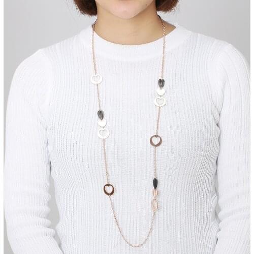 Women Elegant Jewellery Long Necklace Stainless Steel Brilliant Fashion Gold Heart Charm Glass Beads Sweater Chain Gift For Wife