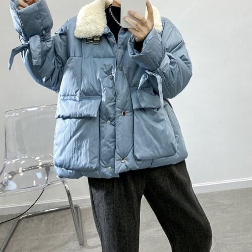 Faux fur collar Large pockets Ladies cotton coat Short thick coats Cold protection Ladies coat