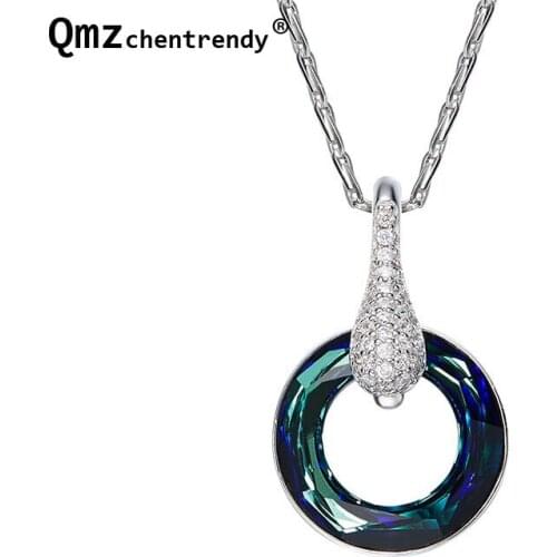 925 Sterling Silver Blue Circle Pendant Necklaces for Women Girls Solid Silver Austrian Crystal Jewelry Lovers Valentines Gift