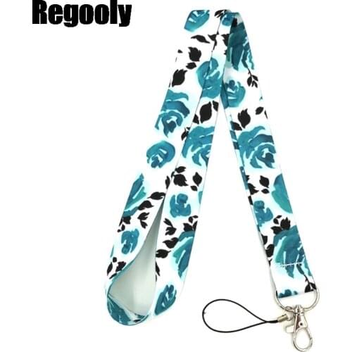 10pcs Blue Flower Rose Lanyard Keys Phone Holder Funny Neck Strap With Keyring ID Card DIY Animal webbings ribbons Hang Rope