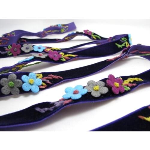 5/8 Inch Felt Flower with Yarn Embroidery on Purple Velvet Ribbon|Sewing|Quilting|Craft Supplies|Hair Accessories Necklace
