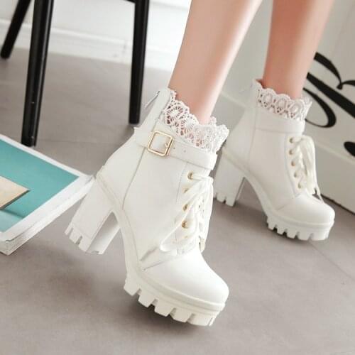 Heel 9cm winter pattern High-heeled Coarse heel Martin boots Frenulum Waterproof Thick bottom Large code white Women Boots 34-43