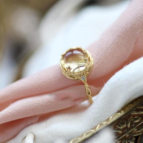 Designer original diamond-studded natural egg round opening adjustable ring elegant charm creative retro female silver jewelry