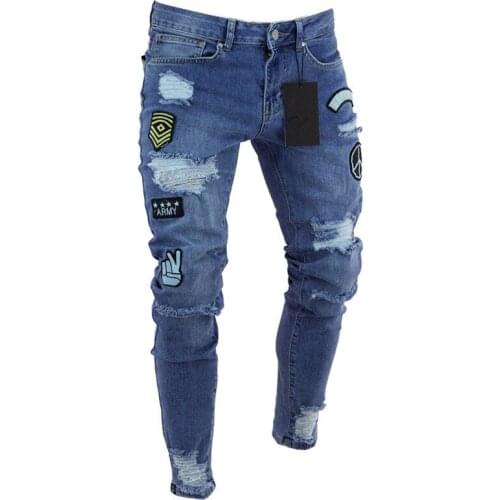 3 Styles Men Stretchy Ripped Skinny Biker Embroidery Print Jeans Destroyed Hole Taped Slim Fit Denim Scratched High Quality Jean