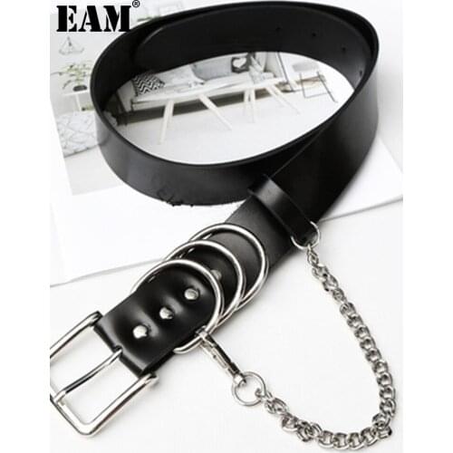 [EAM] Black Metal Chain Ring Buckle Pu Leather Belt Personality Women New Fashion Tide All-match Spring Autumn 2021 1DE1521