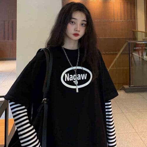 Spring And Summer Hong Kong Style Striped Fake Two-Piece Printed Long-Sleeved t-Shirt Women 2021 Loose Korean Thin Womens Top