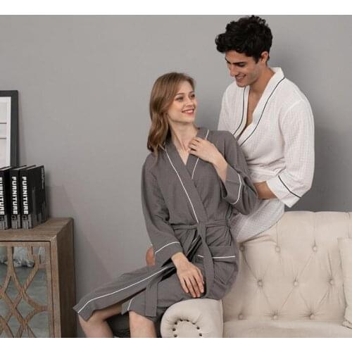 Couple Robe 100% Cotton Summer Bathrobe Women Nightgown Men Steaming Clothes Long Thin Water Absorbing Sleeprobe Loose