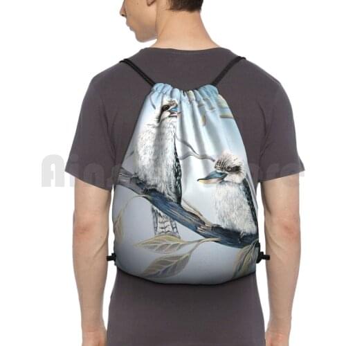 Cool Kookaburras Backpack Drawstring Bags Gym Bag Waterproof Kookaburras Tree Birds Nature Acrylic Decorative Blues Blue