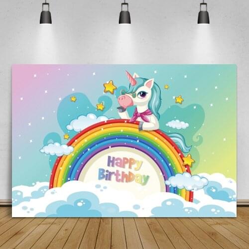 Laeacco Rainbow Unicorn Child Newborn Baby Birthday Party Banner Poster Photography Backdrops Customized Background Photo Studio