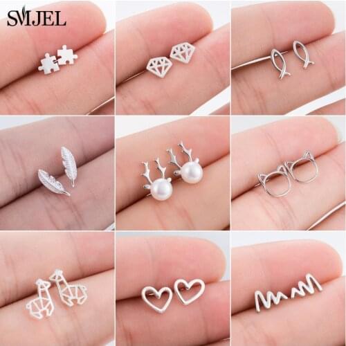 SMJEL Cute Fish Shaped Earrings Simplicity Handmade Wire Earring for Women Cat Deer Pearl Puzzle Ear Jewelry Studs bijoux