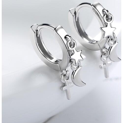 ORZTOON Fashion Cute Silver Color Star Moon Cross Pendant Earrings For Women Shine Brass Hoop Earring Trendy Female Jewelry 2021