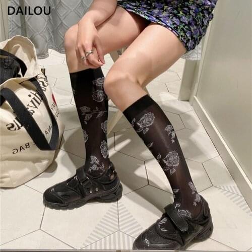 Spring summer women socks new French girls chic retro rose flower black white velvet tube socks Transparent Novelty socks Gifts