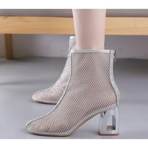 2021 New Summer Thin Section Breathable Thick Heel Martin Boots Female High Top Sandals Mesh Hollow Chelsea Short Boots Women
