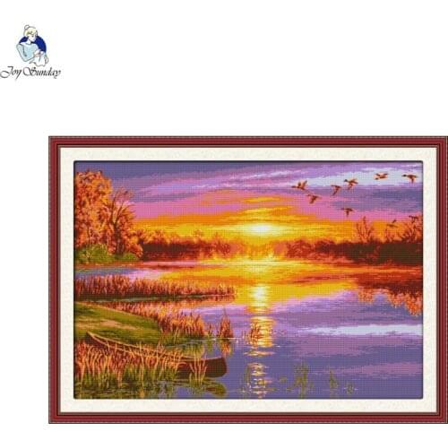 Autumn sunset landscape pattern cross stitch embroidery kit Aida 14CT 11CT count canvas needlework set DIY home decoration gift