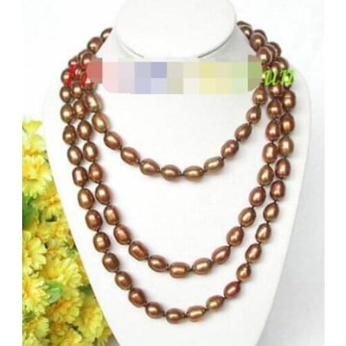 Genuine 48" 9-10mm rice coffee freshwater pearls necklace 18KGP clasp j7943