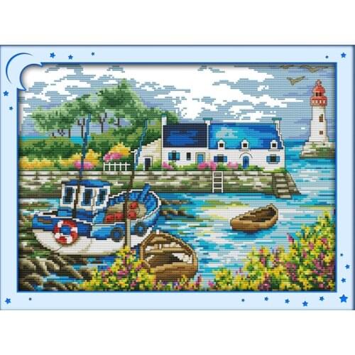 Port Boat patterns Cross Stitch Kits canvas Printed pattern Scenery Embroidery Needlework Fairy tale Handmade Cross-stitch set