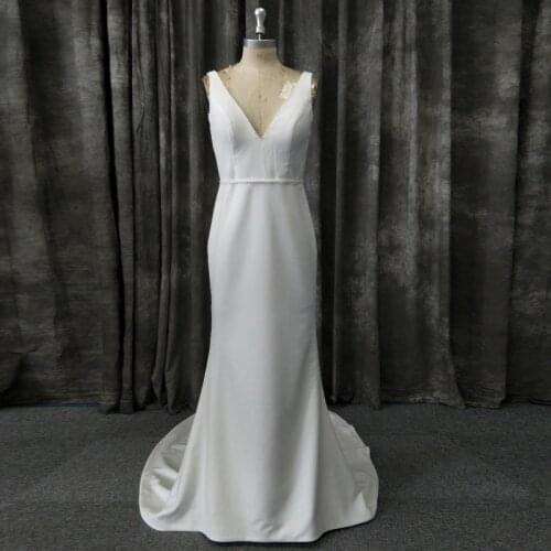 Simple Crepe Mermaid Wedding Dress V Neck Sleeveless Beaded Sash Noble Bridal Gown
