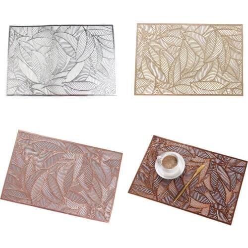 Rectangle Leaf Gilded Non-Slip PVC Placemat Washable Hollow Table Mat Pad Coaster for Kitchen Dining Table Decor