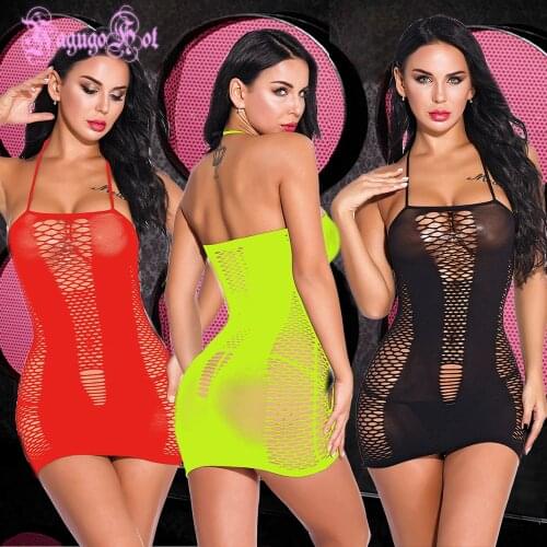 Halter Backless Sexy Fishnet Intimates Lingerie Pole Dance Bodycon Mini Cut Out Hole Dress Babydoll Body Stocking Costumes