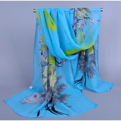 Silk Scarf with Peacock Open Screen Printing Small Chiffon Long Scarf Multi-color Optional Four Seasons Cartoon Present Decorate