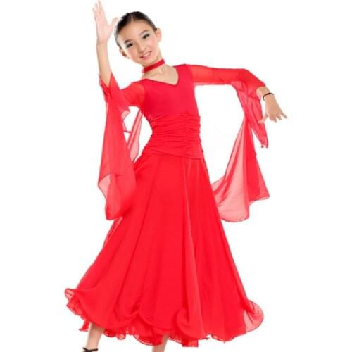 Chiffon Long Sleeves Standard Competition Ballroom Dance Dress Fo Girl Kids One Piece Child Modern/Waltz/Latin Dancing/Dancewear