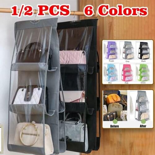 Wardrobe Closet Space Saving 6 Pocket Hanging Handbag Organizer Transparent Storage Bag Sundry Finishing Anti Dust Pouch Hanger