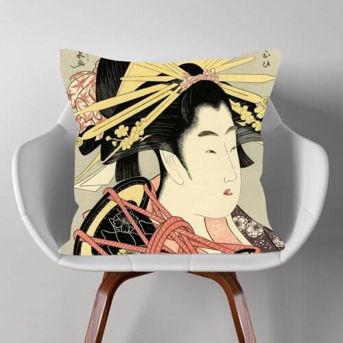 Traditional Japanese Wood Block Geisha Cushion Covers Ukiyoe Master Utamaro Decorative Pillow Case