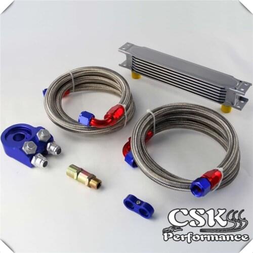 Universal 7 Row 248mm AN10 Engine Transmission Oil Cooler British Type + Aluminum Filter Adapter Kit Blue