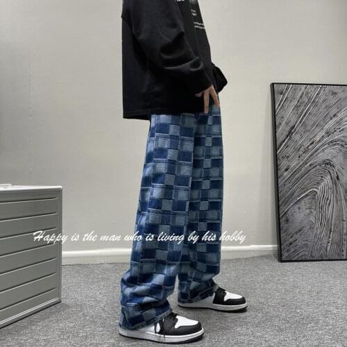 Japan Style Vintage Plaid Hip Hop Denim Pants Autumn New Men Jeans Male Straight Loose Streetwear Baggy Cowboy Trousers