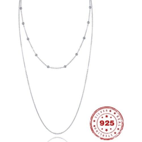 100% Real S925 Sterling Silver Necklace Pendant For Women 40 Female Clavicle Chain Double layer Bead O Shape Chain Necklace