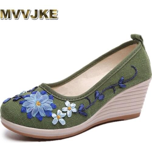 MVVJKEChinese Women Pumps Linen Shoes Vintage Floral Embroidery Cloth Canvas Wedges Heel Shoes Woman Platforms Zapatos MujerE217