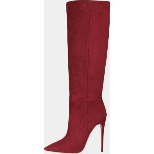Botas winter Fashion Runway Trendy Women Shoes Elegant burgundy suede pointed toe stilettos heels knee High Boots 44 45 47