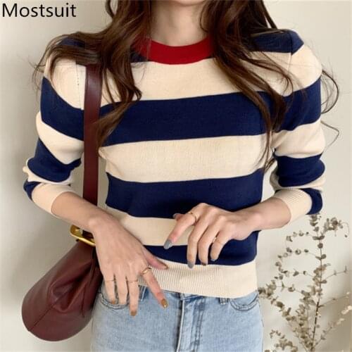 2020 Spring Korean Knitted Striped Pullover Sweater Women Long Sleeve O-neck Vintage Fashion Casual Female Tops Sweaters