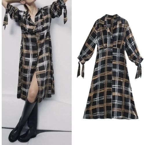 Women Dress 2021 Fashion Plaid Print Elegant Shirt Mid-Calf Dress Long Sleeve A-Line Turn Down Collar Vestidos Mujer