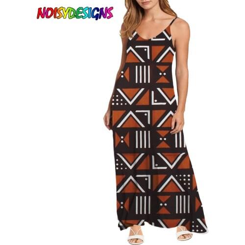NOISYDESIGNS Sexy Women Dress Loose Sleeveless Dresses Vintage African Kente Prints V-neck Sling Long Party Dress Vestido Mujer