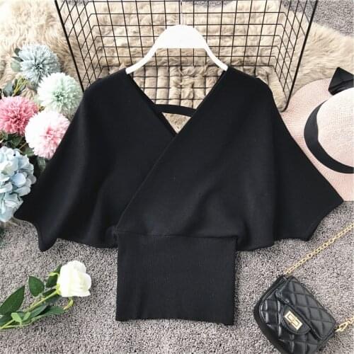 2021 Spring Autumn New Women Fashion Short Batwing Sleeve V-Neck Knitted Sweater Elastic Waist Solid Casual Loose Pullovers