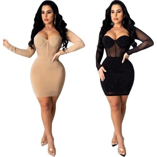 Adogirl Women See Through Skinny Bodycon Dresses Sexy Mesh Diamond Club Party Mini Dress Elegant Long Sleeve Vestidos Plus Size