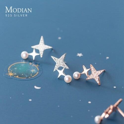 Colusiwei Real 925 Sterling Silver Twinkling CZ Double Star Darts Elegant Pearl Stud Earring for Women Korea Style Fine Jewelry