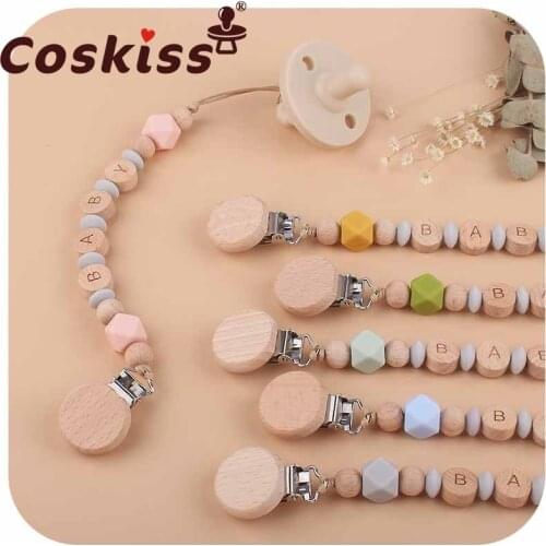 Coskiss 2021 New Style Creative Beech Flat Pacifier Clip DIY Baby Name Molar Soothing Silicone Pacifier Chain Baby Products