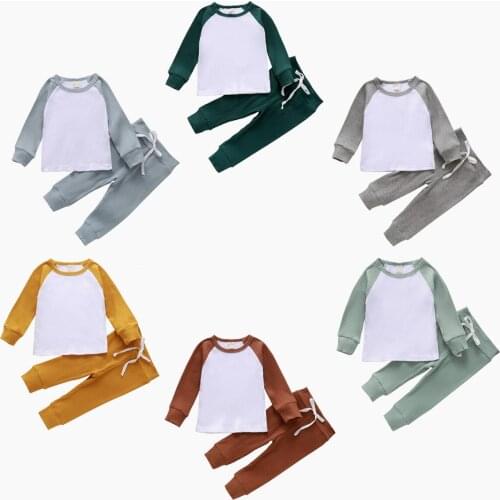 Infant Kids Boy’s Long-sleeved Trousers Suit Ribbed Patchwork Fashion Color Contrast T-shirt and Elastic Bandage Long Pants