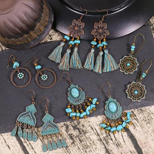Ethnic Carved Alloy Turquoises Stone Beads Ladies Earrings Vintage Flower Boho Dangle Earrings Oorbellen Hangers