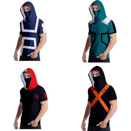 My Hero Academia Cosplay Hood T-Shirt Short Sleeve Tees Todoroki Shouto Shirt Bakugou Katsuki Shirt Midoriya Izuku scarf