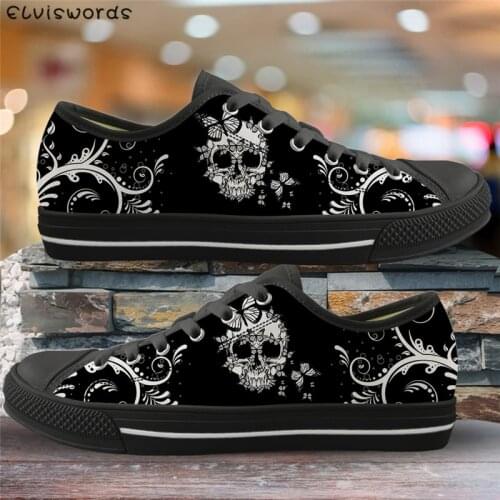 ELVISWORDS Skull Butterflies Pattern Classic Black Flats Canvas Lace-up Women Light Sneakers Fashion Vulcanized Shoes for Woman