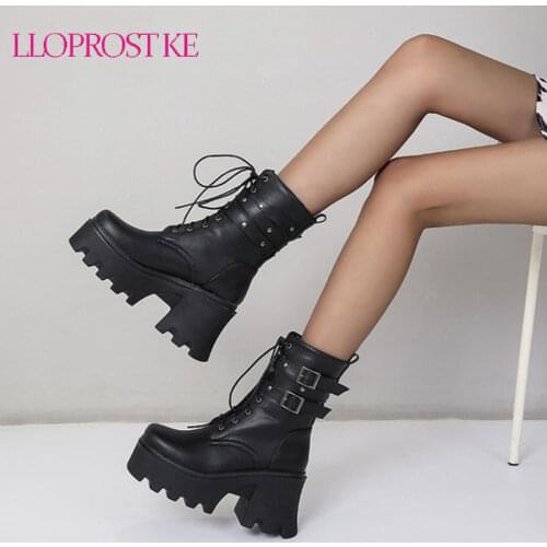 Lloprost ke Winter Warm Square Toe Lace-up Buckle Strap Gothic Chunky High Heels Punk Women Ankle Platform Martin Boots