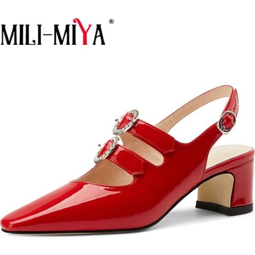 MILI-MIYA Fashion Women Patent Leather Slingbacks Pumps Pointed Toe Crystal Square Heels Buckle Strap Dress Party Shoes