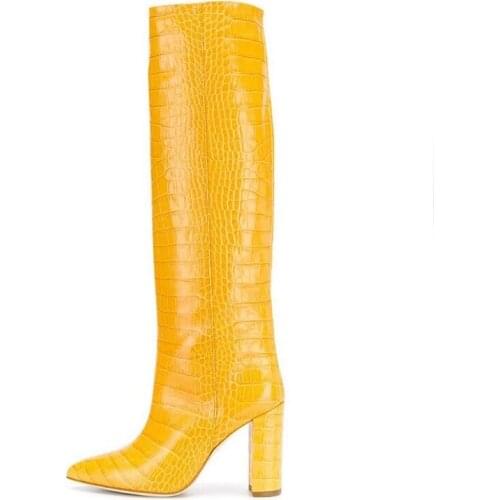 Newest Yellow Leather Women Square Heels Boots Pointed Toe 2019 Winter Long Boots Wide Calf Banquet Dress Shoes Plus Size 10