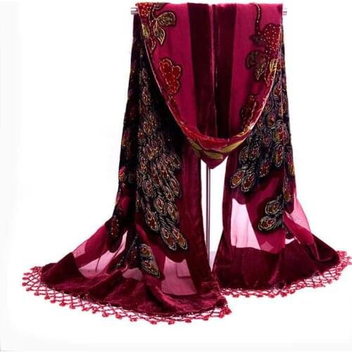 New Arrival Burgundy Chinese Ethnic Style Emboridery Shawl Velvet Handmade Beaded Pashmina Cape Peacock Scarf